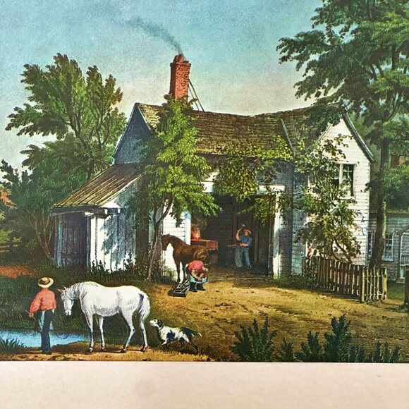 2 VTG Currier Ives Framed Prints Village Blacksmith - Old Grist Mill 15x10.5 In - Picture 3 of 13